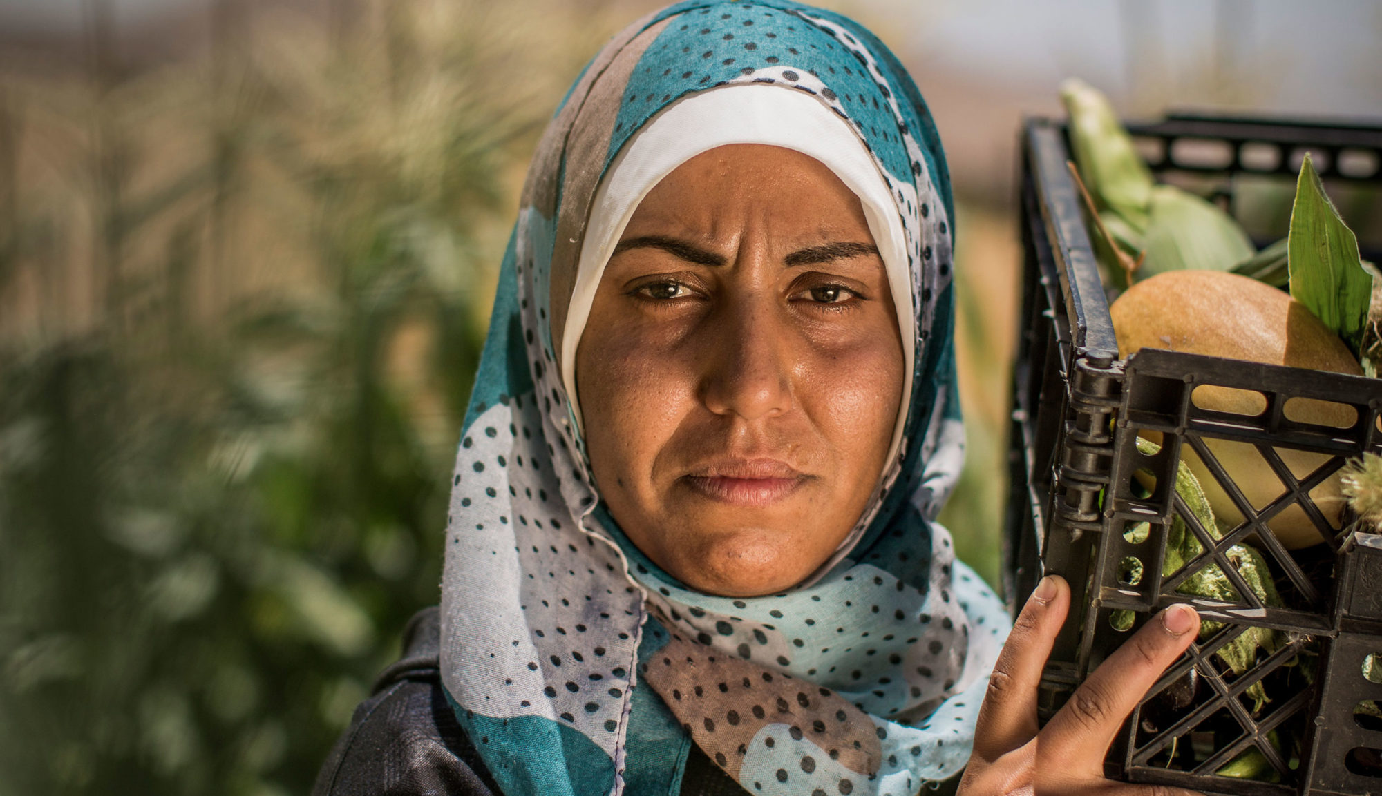 Närbild på en palestinsk kvinna som med allvarlig blick tittar in i kameran. På axeln bär hon en grönsaker.