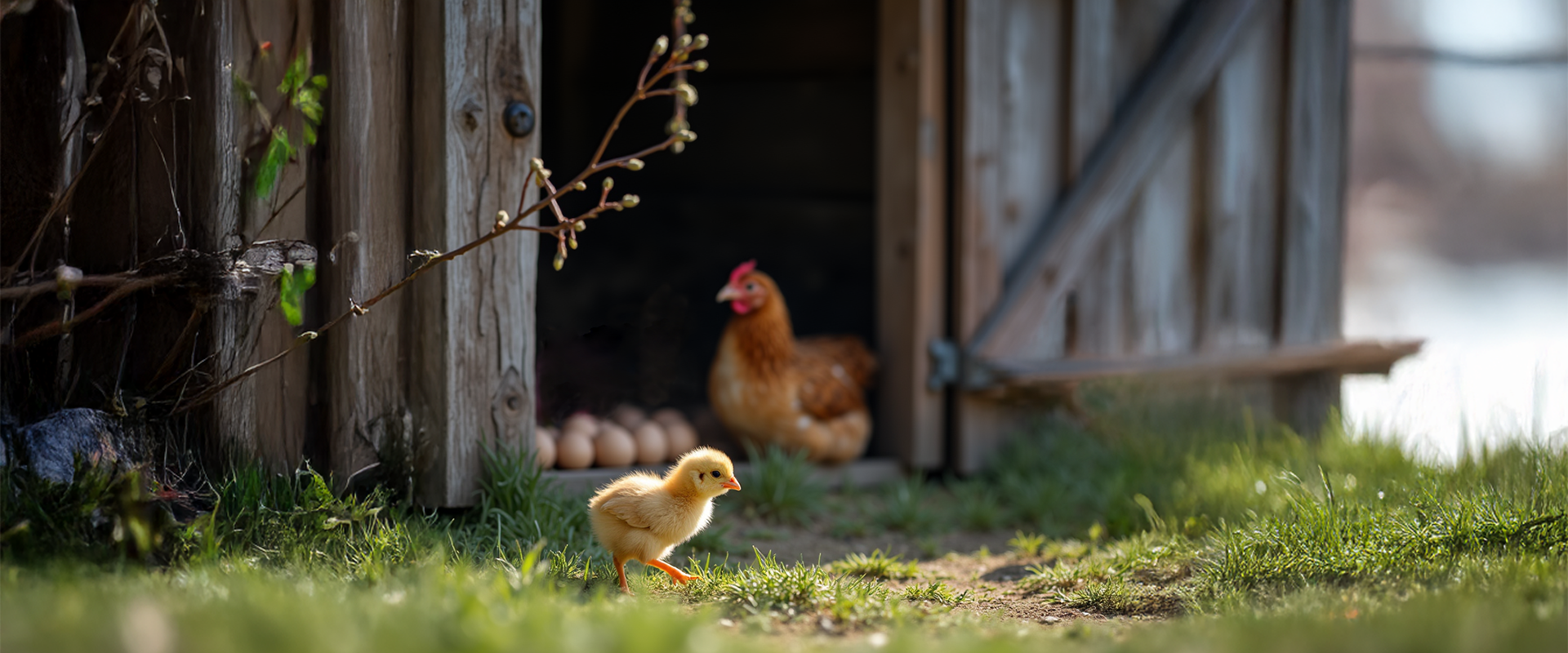 En höna med ägg och en liten kyckling