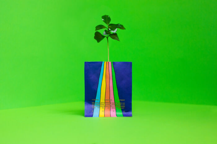 En liten planta som växer ur ett halvt kaffepaket.